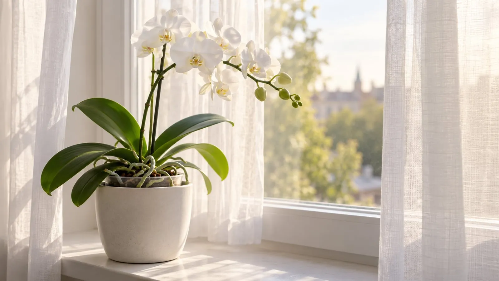 Tül perdeli aydınlık bir pencere önünde, açık renkli seramik saksıda beyaz çiçekli Phalaenopsis orkide
